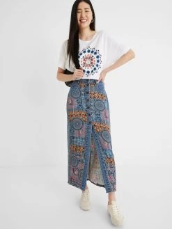Desigual Long Transformable Denim Skirt "African" 9 Desigual Long Transformable Denim Skirt "African" -Fashion Clothing Line Store 21SWFW26 5027 Desigual Long Denim Jean Skirt Mandalas African Zipperw