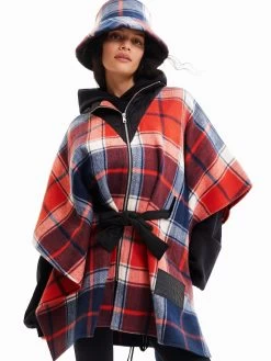 Desigual Reversible Hat "Red Check" -Fashion Clothing Line Store 22WAIA12 3029 Desigual Patchwork Plaid Poncho