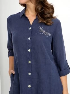 Dolcezza Linen Embellished Shirt 24265 13 Dolcezza Linen Embellished Shirt 24265 -Fashion Clothing Line Store 24265 Dolcezza Linen Long Navy Shirt