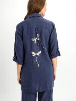 Dolcezza Linen Embellished Shirt 24265 12 Dolcezza Linen Embellished Shirt 24265 -Fashion Clothing Line Store 24265 Dolcezza Linen Long Navy Shirt embellished