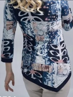 Dolcezza Asymmetric Tunic "Papers" (71731) -Fashion Clothing Line Store 71731 Dolcezza Papaers Asymmatric Top Blue