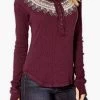 Free People "Fairisle Thermal Top" -Fashion Clothing Line Store Free People Fair Isle Thermal Henley Embroidered Top Burgundy Wine
