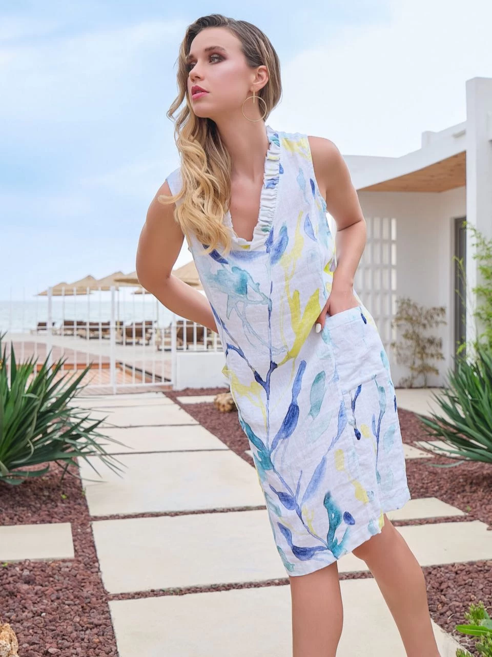 Dolcezza Linen Dress V-Neck "Turquoise Bloom" (24631) 4 Dolcezza Linen Dress V-Neck "Turquoise Bloom" (24631) - Image 2